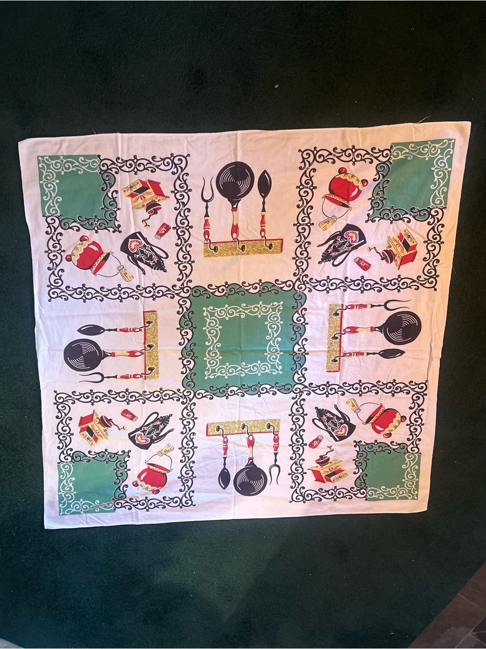 Vintage 1950s Kitsch Kitchen Print Cotton Tablecloth MCM Green Red Novelty